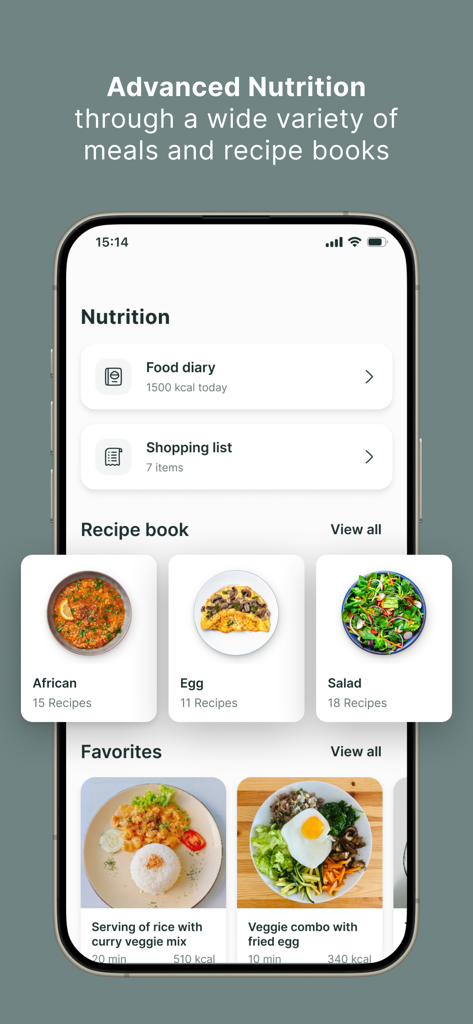 Lenus eHealth mobile app interface showing nutrition features including food diary, shopping list, and curated recipe books for personalized meal planning.
