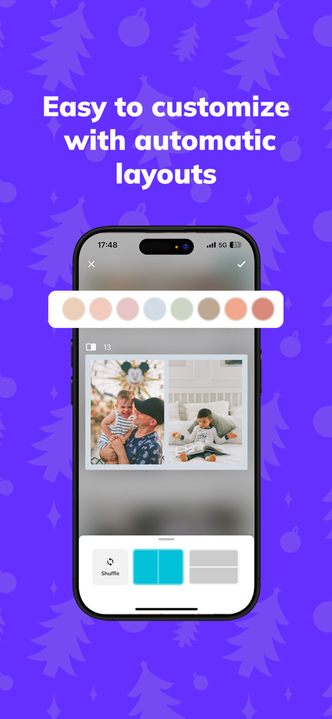 PastBook: 1-Click Photo Book - Interface showing automatic photo book layouts and family pictures in the PastBook app