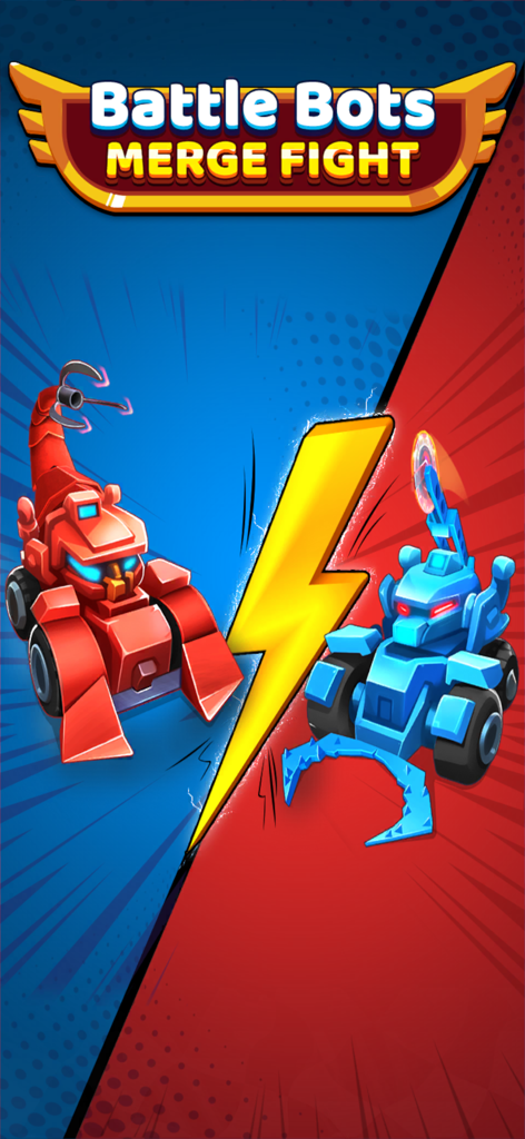 Robot Merge and Fight Master - Red and blue battle robots facing each other with a lightning bolt divider