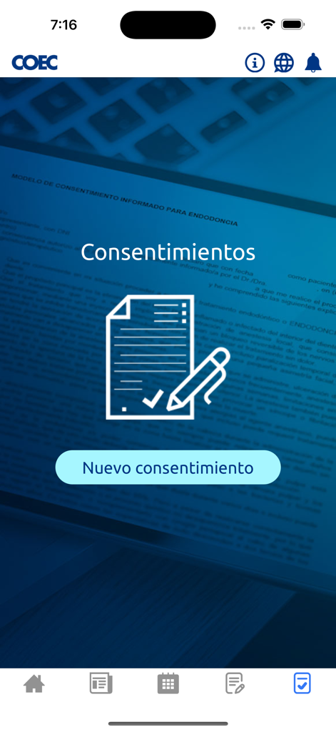COEC APP - Oberfläche der mobilen COEC-App, die den Abschnitt zur Verwaltung der informierten Einwilligung mit einer Schaltfläche zum Erstellen einer neuen Einwilligung zeigt.