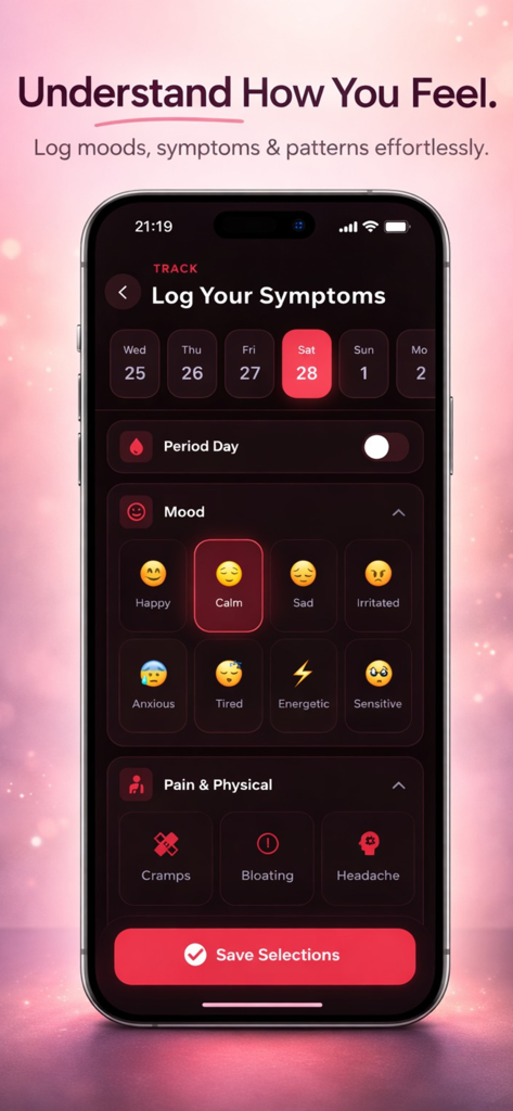 HerPhase – Period Tracker - Interfaz de la aplicación HerPhase que muestra opciones de registro de síntomas y estados de ánimo en un fondo oscuro.