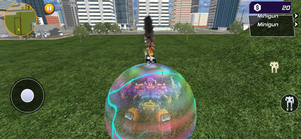 Flying Hero Cyber City - A giant mech robot inside a rainbow energy shield attacking a burning vehicle in a 3D city sandbox game