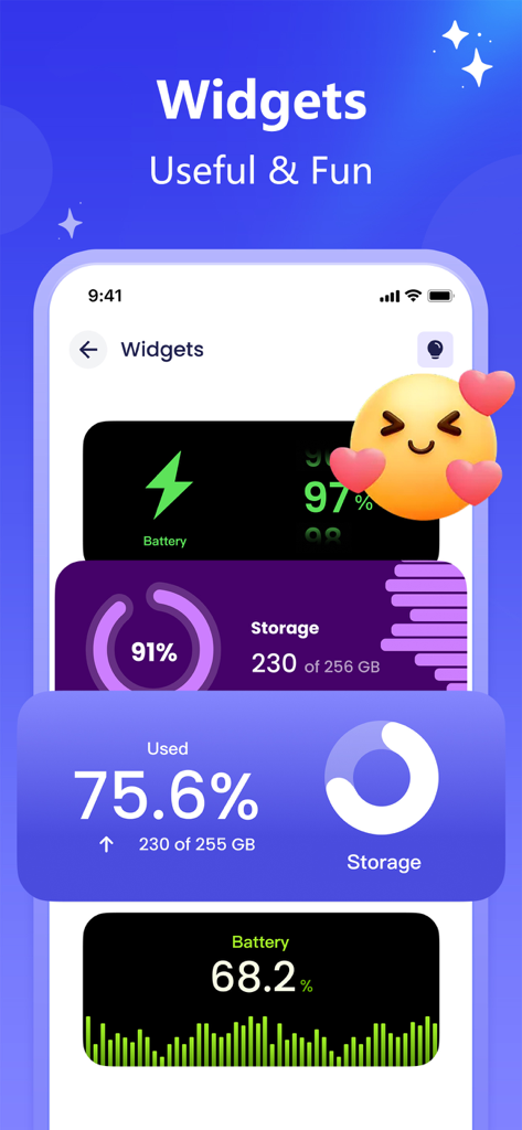 A variety of customizable storage and battery status widgets for an iPhone home screen.