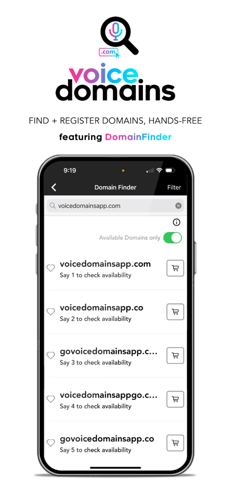 Voice Domains - Interfaz de la aplicación Voice Domains que muestra resultados de búsqueda de dominios activados por voz y comandos de verificación de disponibilidad