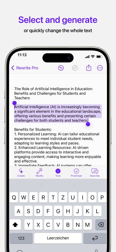 Rewrite Pro: AI Text Editor - Interface de l'éditeur de texte IA Rewrite Pro montrant la sélection de texte et les options d'édition sur un téléphone portable