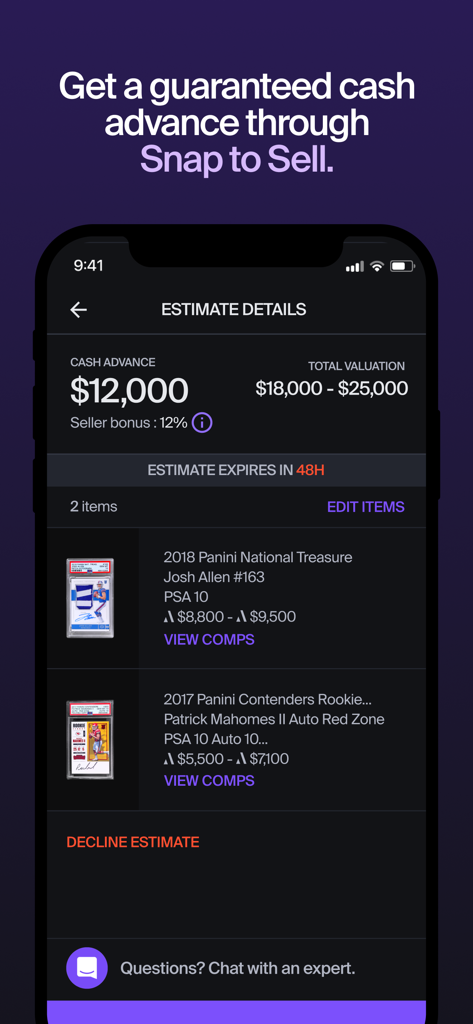 Alt: Buy & Sell Cards - Pantalla de la aplicación Alt que muestra una estimación de anticipo en efectivo y valoración para cromos deportivos graduados