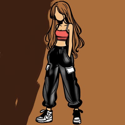 girl in baggy pants crop top and long hair