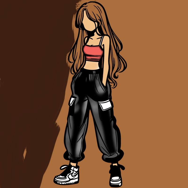 girl in baggy pants crop top and long hair