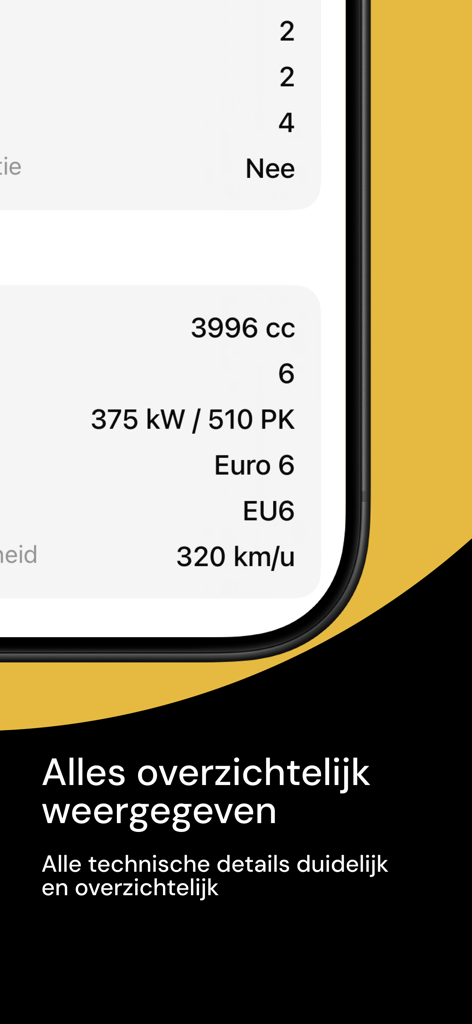 Captura de tela de especificações técnicas do veículo, incluindo capacidade do motor, potência e classe de emissão no aplicativo Kenteken Scanner