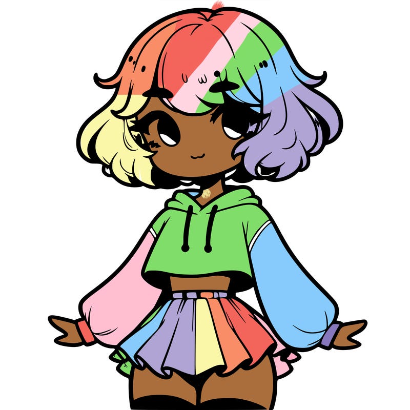 cute femboy with short, fluffy hair that softly frames their face, wearing a cropped hoodie, paired with a flouncy short skirt, and thigh-high stockings