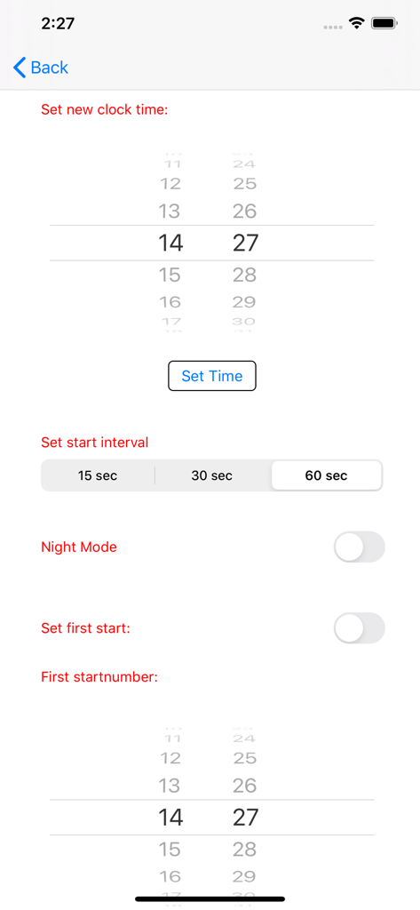 Start-Time - Interfaz de configuración de la aplicación Start-Time que permite a los usuarios configurar el tiempo del reloj de carrera y los intervalos de salida.