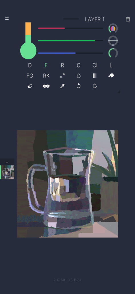 HEAVYPAINT Classic - Digital painting of a glass of water in the HEAVYPAINT Classic app interface with minimalist color and layer tools