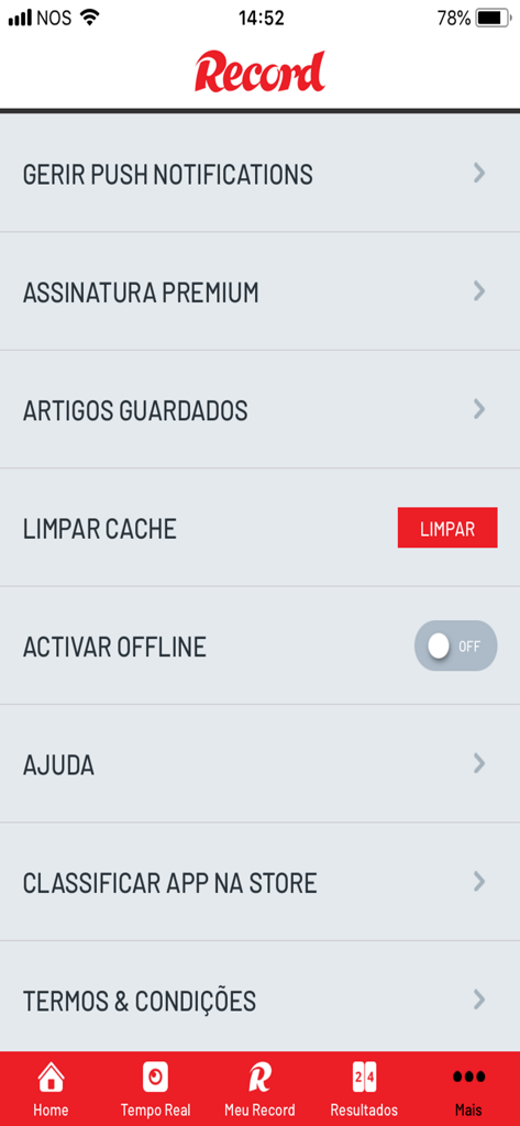 Record - Settings menu of the Record sports app in Portuguese showing options for notifications and premium subscription
