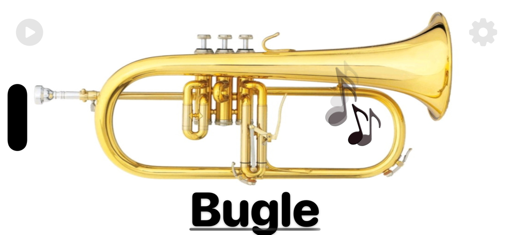 Instruments - Uma foto realista de um bugle dourado com o texto Bugle exibido abaixo em um fundo branco limpo no aplicativo móvel Instrumentos