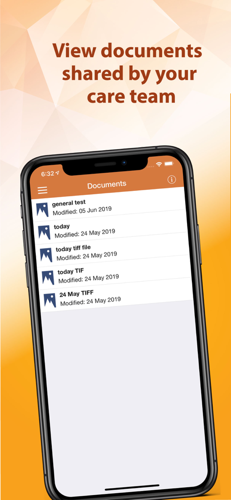 A smartphone screen displaying the Documents section of the IMS Patient App where patients can view files shared by their care team