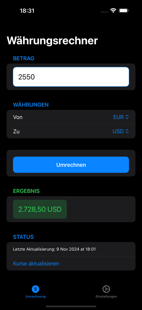 Oberfläche der Währungsumrechner-App, die eine Umrechnung von Euro in US-Dollar im Dunkelmodus zeigt