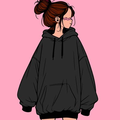 realistic girl with a oversized sweatshirt on and a bun