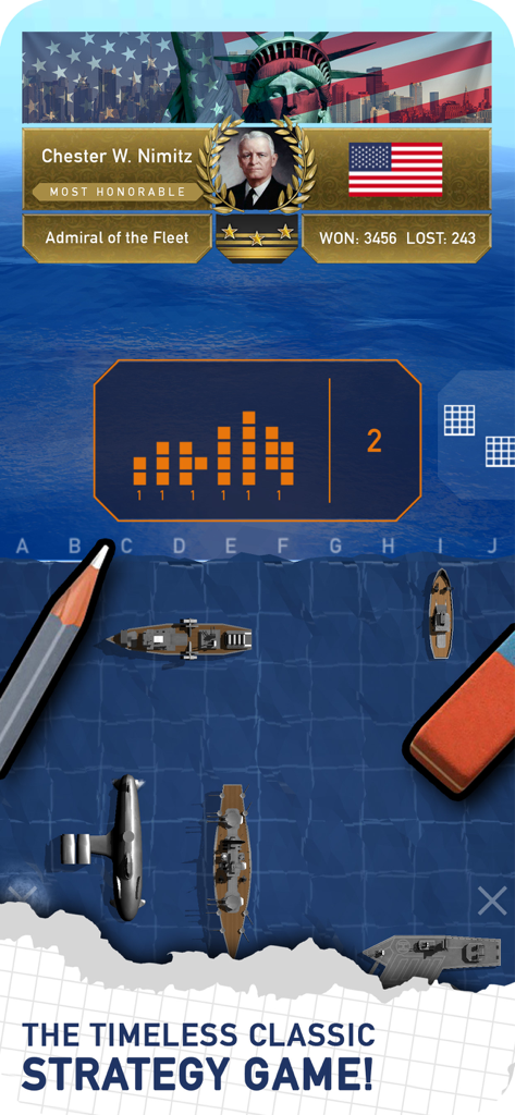 Fleet Battle: Sea Battle game - Fleet Battle mobile gameplay showing warships on a tactical grid and an admiral player profile