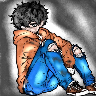 a male hoddie ripped jeans messy hair anime