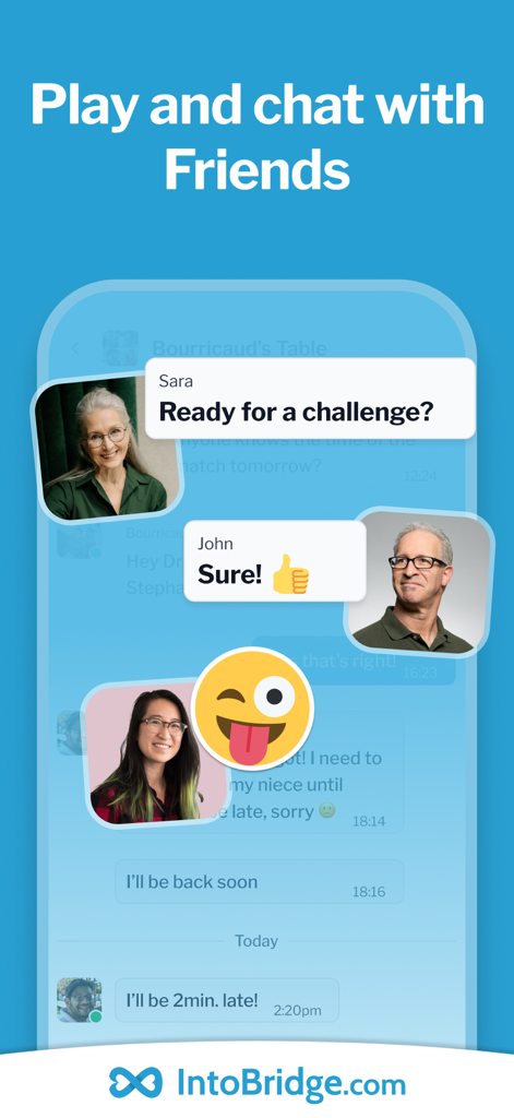 IntoBridge - A screenshot of the IntoBridge app showing the chat interface and play with friends feature