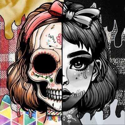 realistic girl with half skull mask