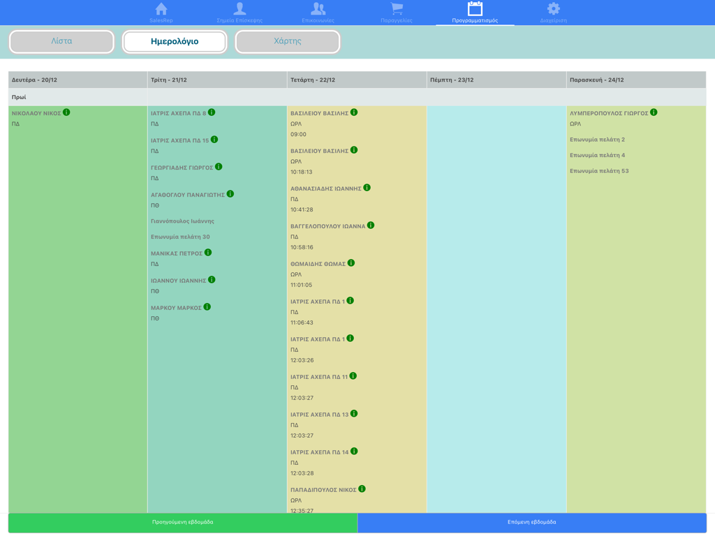 SalesRep Medical - Weekly itinerary view in the SalesRep Medical app for iPad showing a schedule of medical representative visits across multiple days.