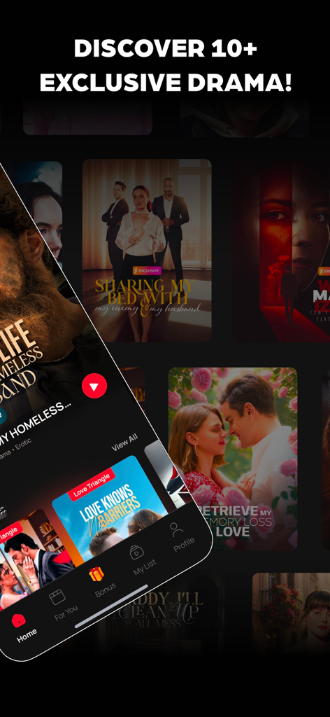 Shorten: Drama Shorts & Series - Interfaccia dell'app Shorten che mostra poster di drammi romantici esclusivi in formato breve e categorie per utenti mobili.