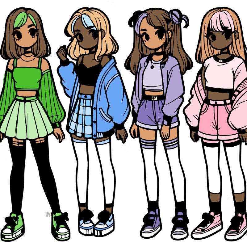 one girl with crop-top shirt and a jacket with a skirt, long socks and another girl with a shirt and pants with a jacket