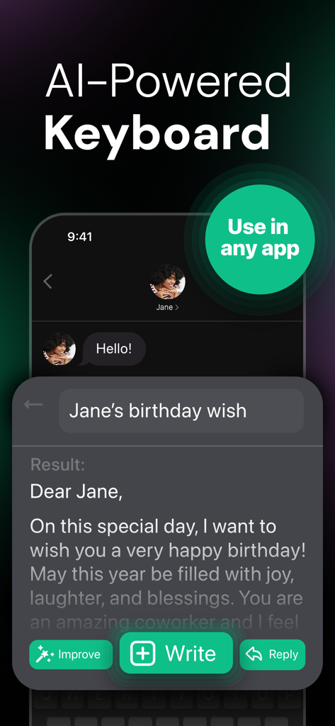El teclado impulsado por ChatOn AI generando un mensaje de cumpleaños personalizado en una aplicación de mensajería.