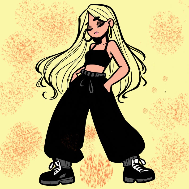 girl in baggy pants crop top and long hair