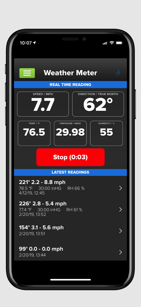 Wind & Weather Meter - Interface do aplicativo Medidor de Vento e Clima mostrando leituras em tempo real de velocidade do vento, direção, temperatura e pressão atmosférica em um iPhone