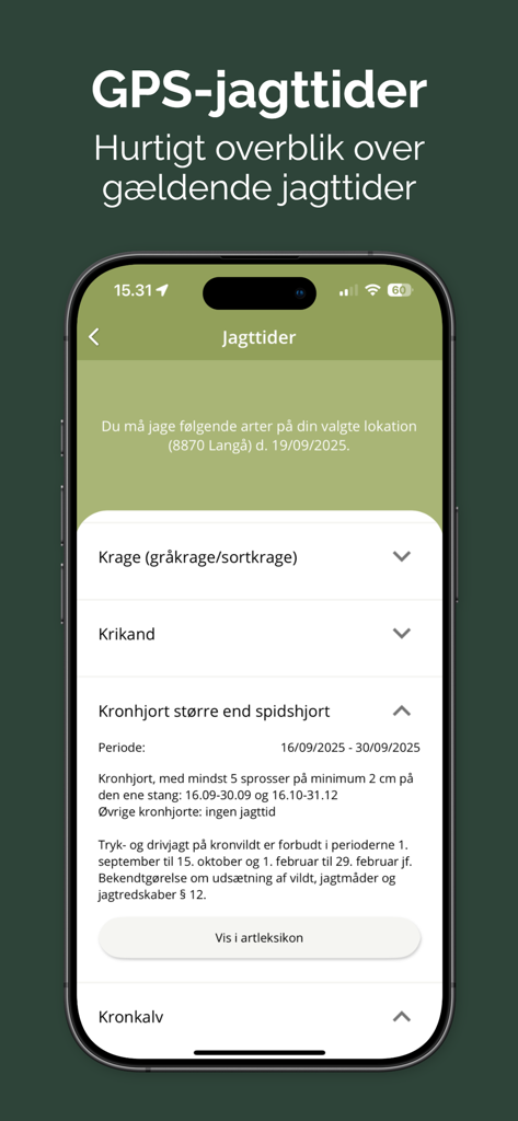 Jæger - Um smartphone exibindo o recurso de horários de caça por GPS no aplicativo Jaeger com uma lista de espécies e regulamentos