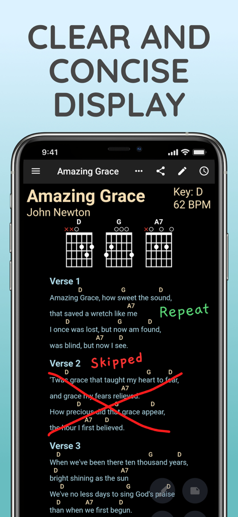 SongbookPro 앱이 Amazing Grace의 명확한 코드 악보에 손으로 쓴 음악 주석을 표시하고 있습니다.