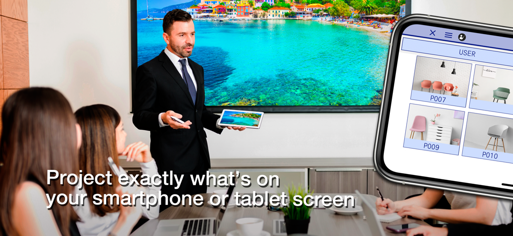 Un presentatore professionista che utilizza Epson iProjection per effettuare il mirroring wireless dello schermo di un tablet su un grande display in una sala riunioni