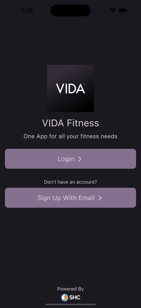 VIDA Fitness app login screen with signup options