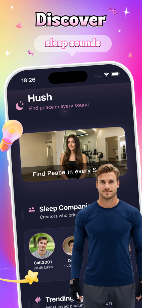 Hush - relaxation - Interface do aplicativo de relaxamento Hush com sons para dormir e criadores da comunidade