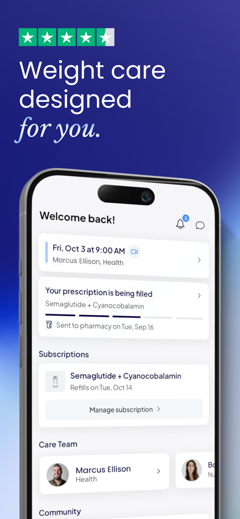 Mochi Health: Weight Loss Care - Mochi Health App Dashboard zeigt personalisierten Gewichtsmanagementplan und Rezeptstatus für Semaglutid
