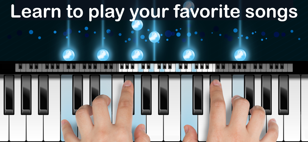 A person playing a virtual piano keyboard with falling glowing notes on the Piano Pro app