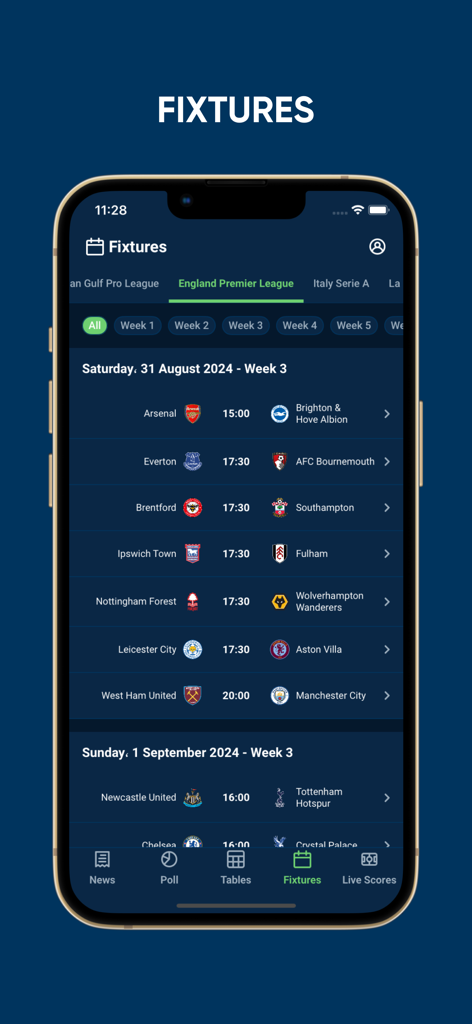 Interface do aplicativo Fut360 mostrando jogos e horários da English Premier League
