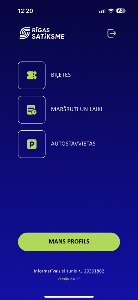 Rīgas satiksmes koda biļete - チケット、ルート、駐車オプションを備えたリガ交通モバイルアプリのメインメニュー