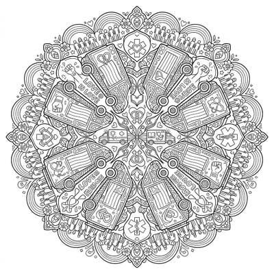 Dive into a beautifully intricate mandala featuring ambulances adorned with Pride themes. This unique coloring page celebrates love, diversity, and community with every detail.