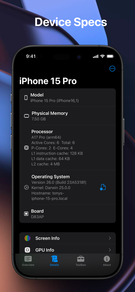 Status Monitor - ステータスモニターアプリに表示されているiPhone 15 Proの詳細なハードウェアおよびシステム仕様。