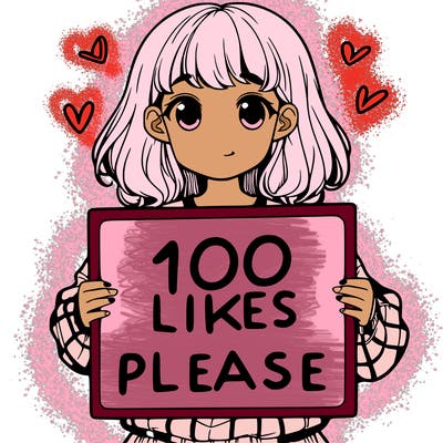 a girl holding a sign saying 100 likes please