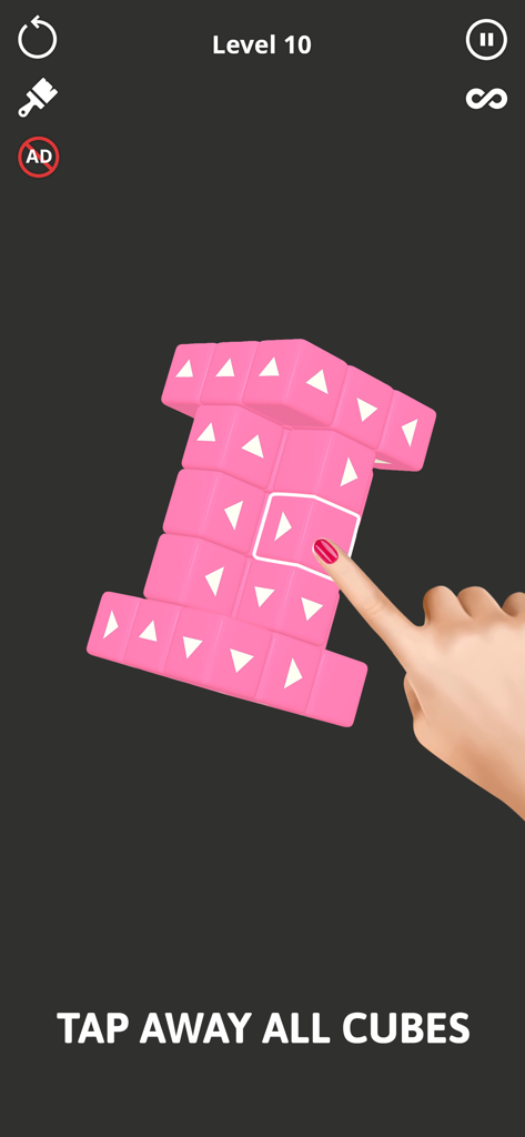 Una persona tocando un puzzle de bloques 3D rosa para completar niveles en Tap Escape