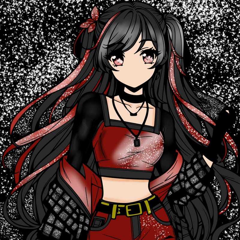 hot anime girl with long hair wearing a crop top and jorts