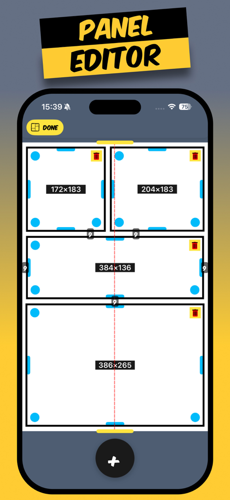 Comics AI - Interfaz del editor de viñetas de cómics para crear diseños personalizados en la aplicación Comics AI