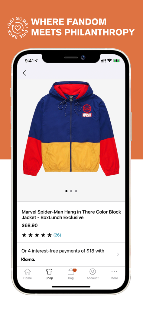 BoxLunch: Pop Culture Gifts - BoxLunch app product page showing an exclusive Marvel Spider-Man jacket