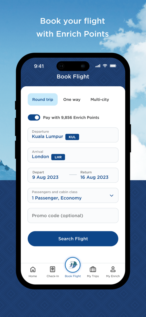 Schermata di prenotazione voli dell'app Malaysia Airlines che mostra opzioni per utilizzare i Punti Enrich per un viaggio di andata e ritorno da Kuala Lumpur a Londra.