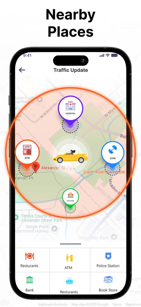 Camera Detector:Speed Tracker - Vista de mapa de lugares cercanos en la aplicación Detector de Cámaras que muestra puntos de interés locales como hospitales y gimnasios