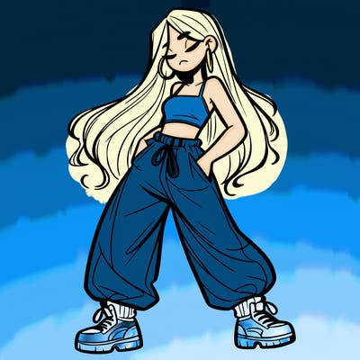 girl in baggy pants crop top and long hair